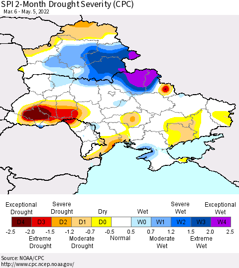 Ukraine, Moldova and Belarus SPI 2-Month Drought Severity (CPC) Thematic Map For 3/6/2022 - 5/5/2022