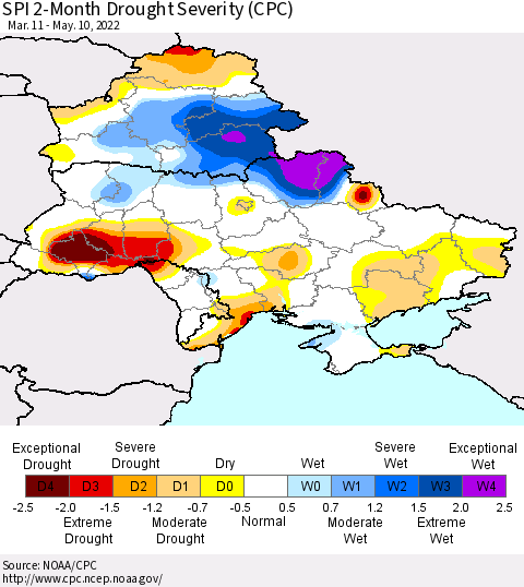 Ukraine, Moldova and Belarus SPI 2-Month Drought Severity (CPC) Thematic Map For 3/11/2022 - 5/10/2022