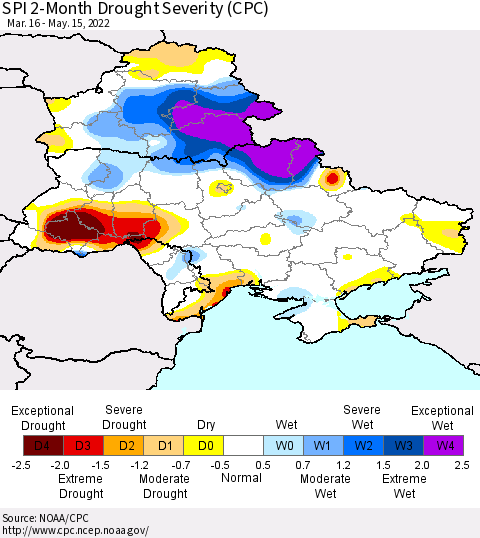 Ukraine, Moldova and Belarus SPI 2-Month Drought Severity (CPC) Thematic Map For 3/16/2022 - 5/15/2022