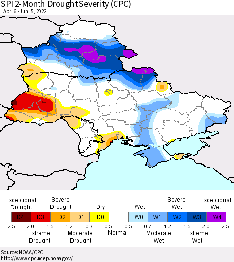 Ukraine, Moldova and Belarus SPI 2-Month Drought Severity (CPC) Thematic Map For 4/6/2022 - 6/5/2022
