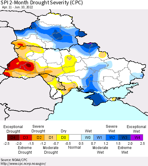 Ukraine, Moldova and Belarus SPI 2-Month Drought Severity (CPC) Thematic Map For 4/11/2022 - 6/10/2022