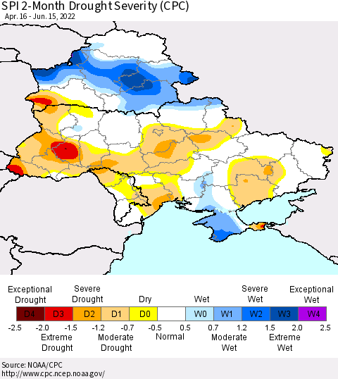 Ukraine, Moldova and Belarus SPI 2-Month Drought Severity (CPC) Thematic Map For 4/16/2022 - 6/15/2022