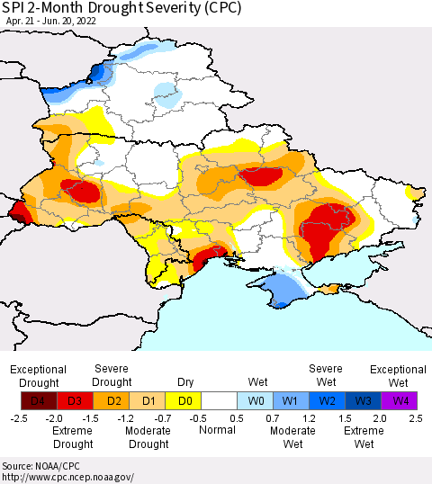 Ukraine, Moldova and Belarus SPI 2-Month Drought Severity (CPC) Thematic Map For 4/21/2022 - 6/20/2022