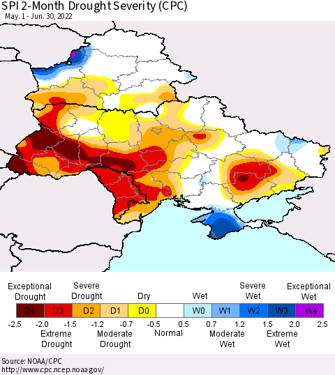 Ukraine, Moldova and Belarus SPI 2-Month Drought Severity (CPC) Thematic Map For 5/1/2022 - 6/30/2022