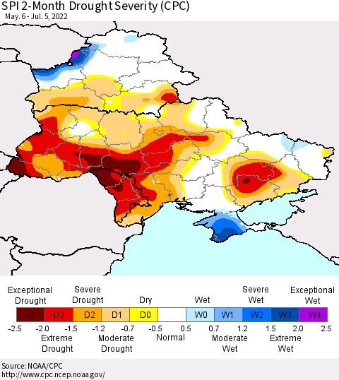 Ukraine, Moldova and Belarus SPI 2-Month Drought Severity (CPC) Thematic Map For 5/6/2022 - 7/5/2022