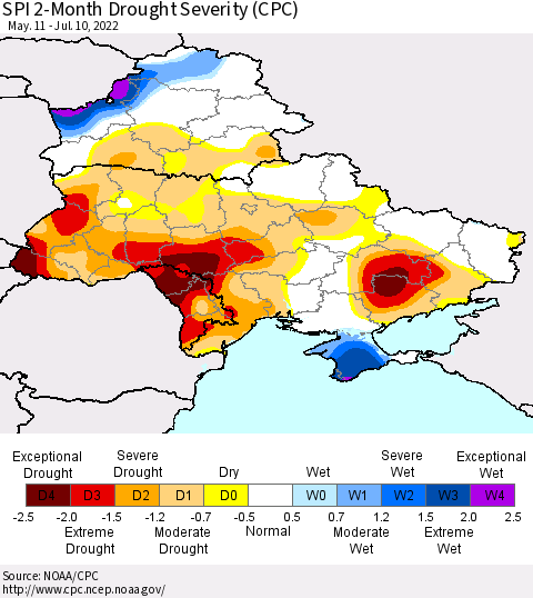 Ukraine, Moldova and Belarus SPI 2-Month Drought Severity (CPC) Thematic Map For 5/11/2022 - 7/10/2022