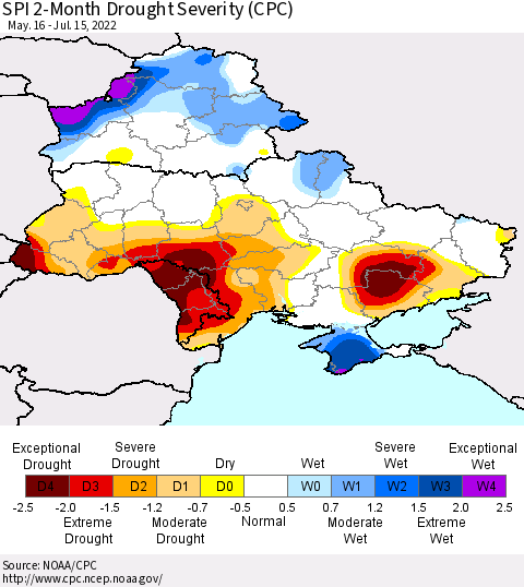 Ukraine, Moldova and Belarus SPI 2-Month Drought Severity (CPC) Thematic Map For 5/16/2022 - 7/15/2022