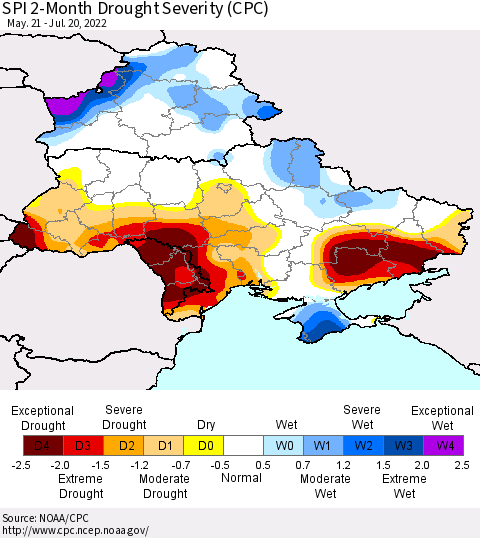 Ukraine, Moldova and Belarus SPI 2-Month Drought Severity (CPC) Thematic Map For 5/21/2022 - 7/20/2022