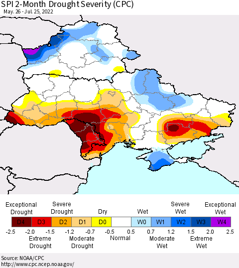 Ukraine, Moldova and Belarus SPI 2-Month Drought Severity (CPC) Thematic Map For 5/26/2022 - 7/25/2022