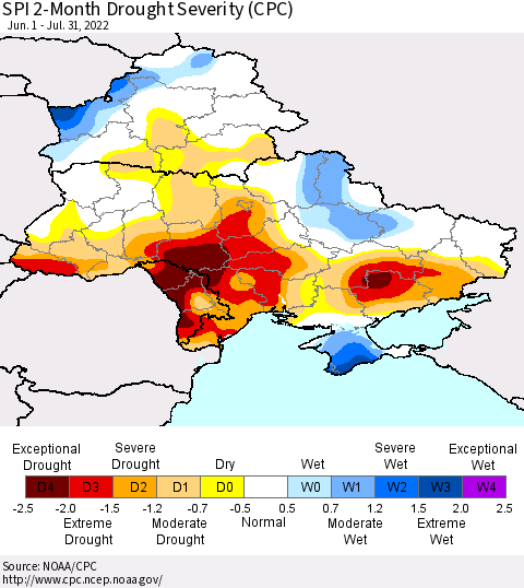 Ukraine, Moldova and Belarus SPI 2-Month Drought Severity (CPC) Thematic Map For 6/1/2022 - 7/31/2022