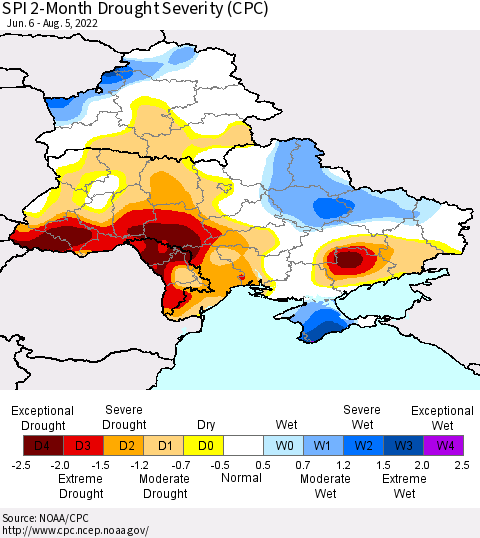 Ukraine, Moldova and Belarus SPI 2-Month Drought Severity (CPC) Thematic Map For 6/6/2022 - 8/5/2022