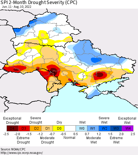 Ukraine, Moldova and Belarus SPI 2-Month Drought Severity (CPC) Thematic Map For 6/11/2022 - 8/10/2022