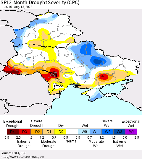 Ukraine, Moldova and Belarus SPI 2-Month Drought Severity (CPC) Thematic Map For 6/16/2022 - 8/15/2022