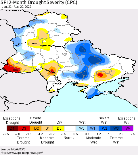 Ukraine, Moldova and Belarus SPI 2-Month Drought Severity (CPC) Thematic Map For 6/21/2022 - 8/20/2022