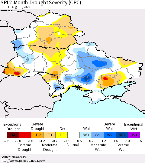Ukraine, Moldova and Belarus SPI 2-Month Drought Severity (CPC) Thematic Map For 7/1/2022 - 8/31/2022