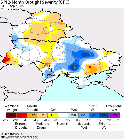 Ukraine, Moldova and Belarus SPI 2-Month Drought Severity (CPC) Thematic Map For 7/6/2022 - 9/5/2022