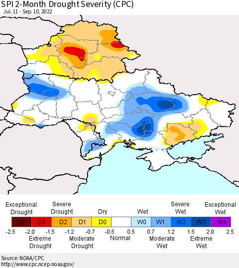 Ukraine, Moldova and Belarus SPI 2-Month Drought Severity (CPC) Thematic Map For 7/11/2022 - 9/10/2022