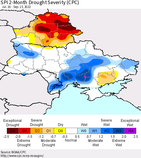 Ukraine, Moldova and Belarus SPI 2-Month Drought Severity (CPC) Thematic Map For 7/16/2022 - 9/15/2022