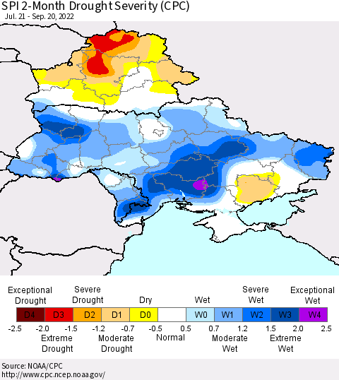 Ukraine, Moldova and Belarus SPI 2-Month Drought Severity (CPC) Thematic Map For 7/21/2022 - 9/20/2022
