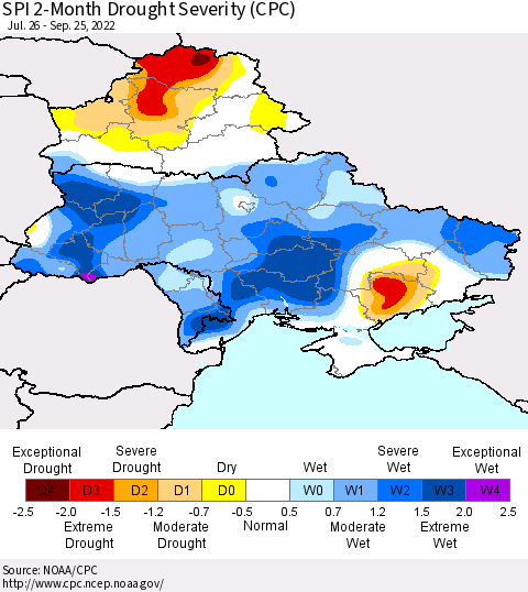 Ukraine, Moldova and Belarus SPI 2-Month Drought Severity (CPC) Thematic Map For 7/26/2022 - 9/25/2022
