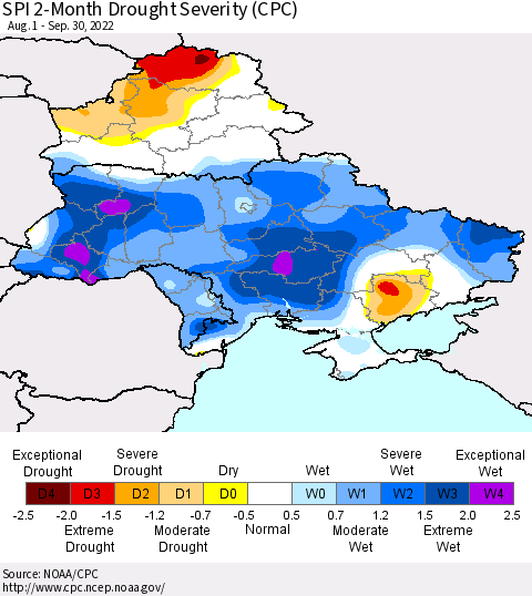 Ukraine, Moldova and Belarus SPI 2-Month Drought Severity (CPC) Thematic Map For 8/1/2022 - 9/30/2022