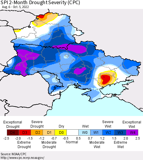 Ukraine, Moldova and Belarus SPI 2-Month Drought Severity (CPC) Thematic Map For 8/6/2022 - 10/5/2022
