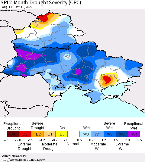 Ukraine, Moldova and Belarus SPI 2-Month Drought Severity (CPC) Thematic Map For 8/11/2022 - 10/10/2022