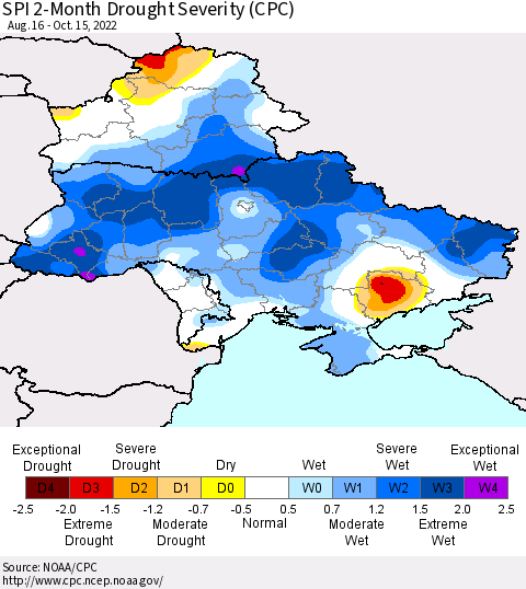 Ukraine, Moldova and Belarus SPI 2-Month Drought Severity (CPC) Thematic Map For 8/16/2022 - 10/15/2022