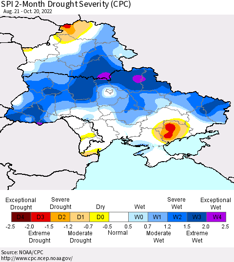 Ukraine, Moldova and Belarus SPI 2-Month Drought Severity (CPC) Thematic Map For 8/21/2022 - 10/20/2022
