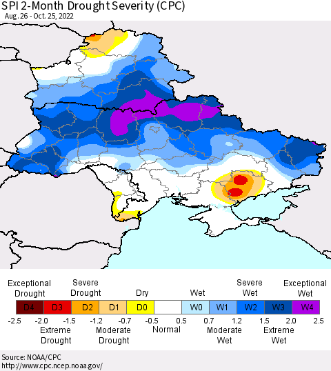 Ukraine, Moldova and Belarus SPI 2-Month Drought Severity (CPC) Thematic Map For 8/26/2022 - 10/25/2022