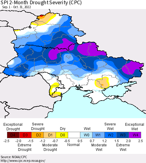 Ukraine, Moldova and Belarus SPI 2-Month Drought Severity (CPC) Thematic Map For 9/1/2022 - 10/31/2022
