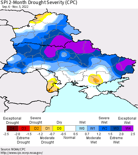 Ukraine, Moldova and Belarus SPI 2-Month Drought Severity (CPC) Thematic Map For 9/6/2022 - 11/5/2022