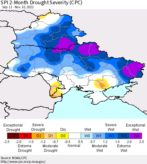 Ukraine, Moldova and Belarus SPI 2-Month Drought Severity (CPC) Thematic Map For 9/11/2022 - 11/10/2022