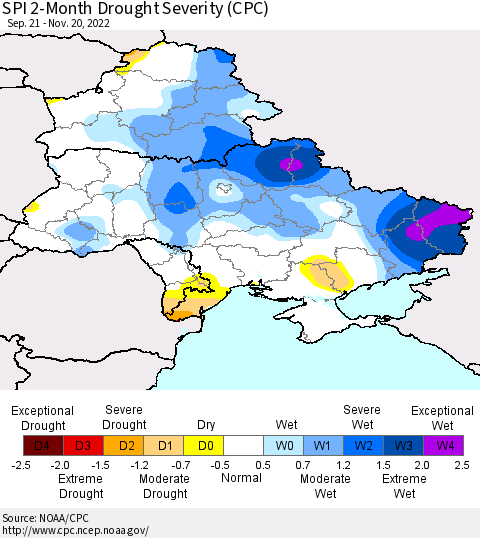 Ukraine, Moldova and Belarus SPI 2-Month Drought Severity (CPC) Thematic Map For 9/21/2022 - 11/20/2022