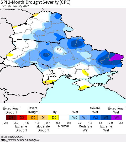 Ukraine, Moldova and Belarus SPI 2-Month Drought Severity (CPC) Thematic Map For 9/26/2022 - 11/25/2022