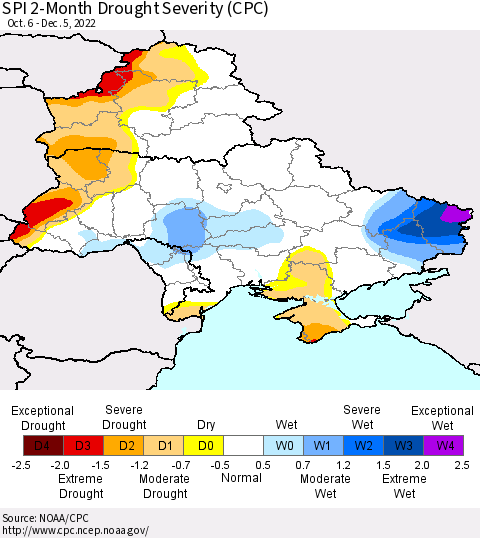 Ukraine, Moldova and Belarus SPI 2-Month Drought Severity (CPC) Thematic Map For 10/6/2022 - 12/5/2022