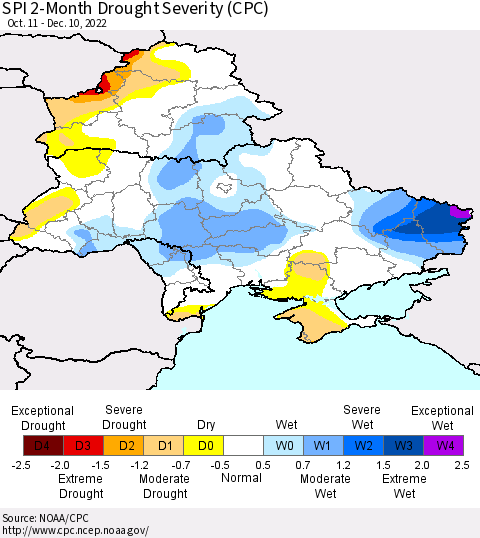 Ukraine, Moldova and Belarus SPI 2-Month Drought Severity (CPC) Thematic Map For 10/11/2022 - 12/10/2022