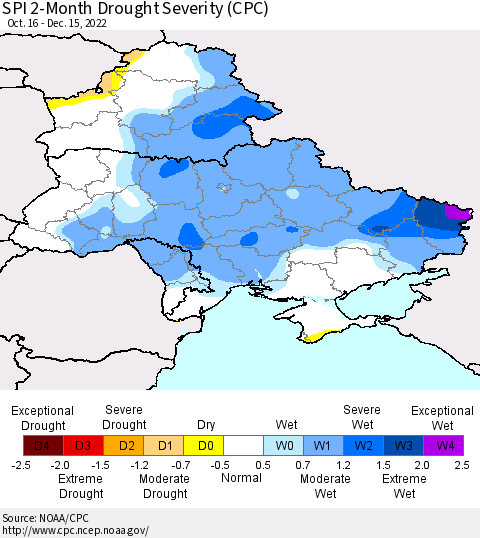 Ukraine, Moldova and Belarus SPI 2-Month Drought Severity (CPC) Thematic Map For 10/16/2022 - 12/15/2022
