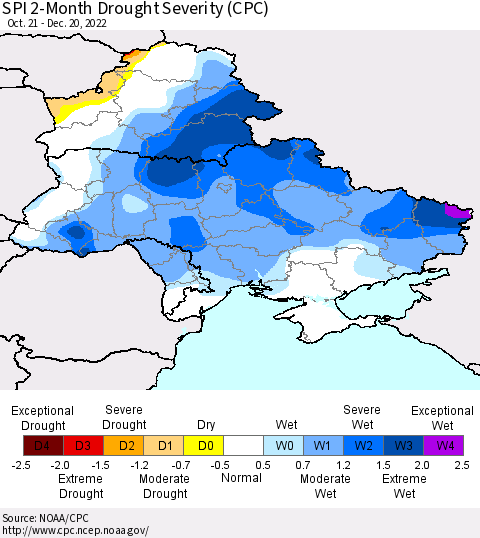 Ukraine, Moldova and Belarus SPI 2-Month Drought Severity (CPC) Thematic Map For 10/21/2022 - 12/20/2022