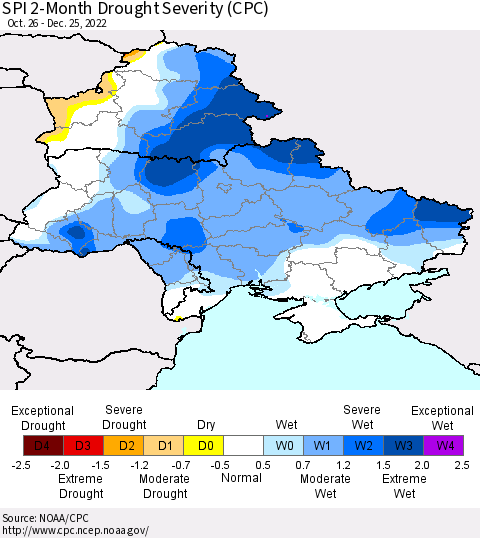 Ukraine, Moldova and Belarus SPI 2-Month Drought Severity (CPC) Thematic Map For 10/26/2022 - 12/25/2022