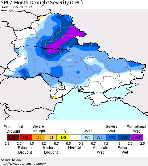 Ukraine, Moldova and Belarus SPI 2-Month Drought Severity (CPC) Thematic Map For 11/1/2022 - 12/31/2022