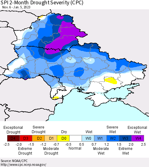Ukraine, Moldova and Belarus SPI 2-Month Drought Severity (CPC) Thematic Map For 11/6/2022 - 1/5/2023