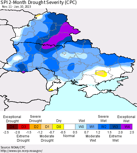 Ukraine, Moldova and Belarus SPI 2-Month Drought Severity (CPC) Thematic Map For 11/11/2022 - 1/10/2023