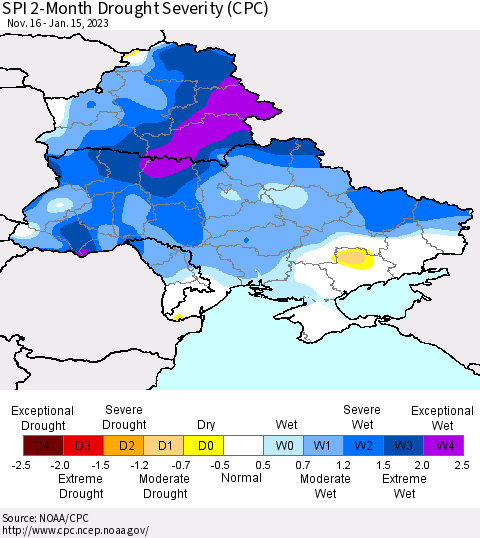 Ukraine, Moldova and Belarus SPI 2-Month Drought Severity (CPC) Thematic Map For 11/16/2022 - 1/15/2023