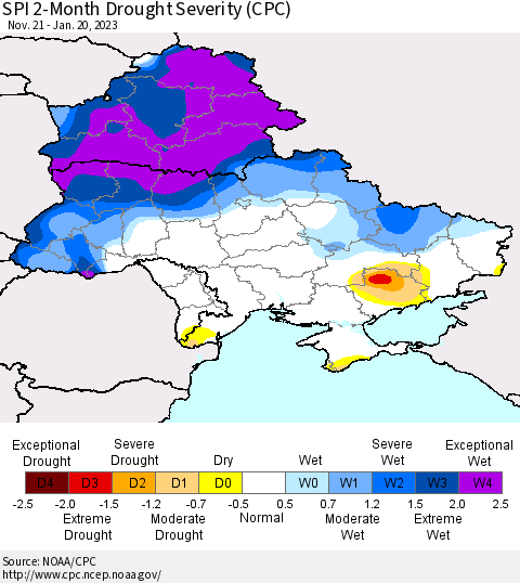 Ukraine, Moldova and Belarus SPI 2-Month Drought Severity (CPC) Thematic Map For 11/21/2022 - 1/20/2023