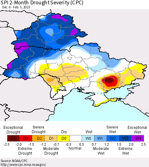 Ukraine, Moldova and Belarus SPI 2-Month Drought Severity (CPC) Thematic Map For 12/6/2022 - 2/5/2023