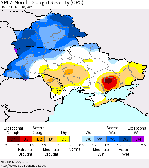 Ukraine, Moldova and Belarus SPI 2-Month Drought Severity (CPC) Thematic Map For 12/11/2022 - 2/10/2023