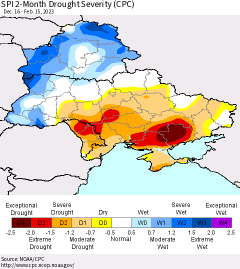 Ukraine, Moldova and Belarus SPI 2-Month Drought Severity (CPC) Thematic Map For 12/16/2022 - 2/15/2023