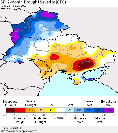 Ukraine, Moldova and Belarus SPI 2-Month Drought Severity (CPC) Thematic Map For 12/26/2022 - 2/25/2023