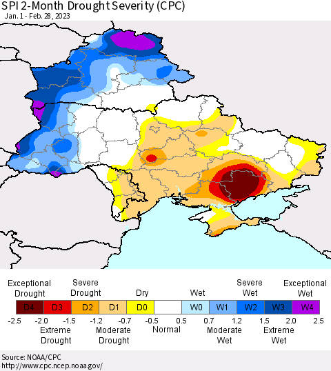 Ukraine, Moldova and Belarus SPI 2-Month Drought Severity (CPC) Thematic Map For 1/1/2023 - 2/28/2023